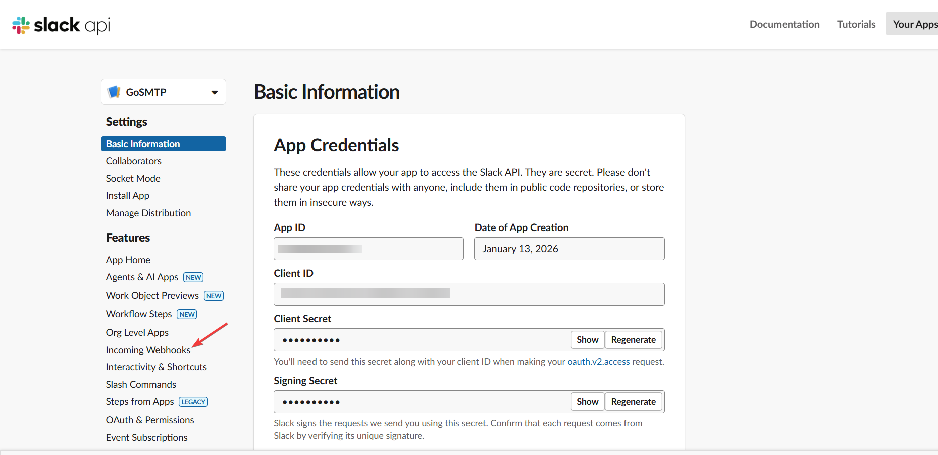 Slack App Basic Information Page