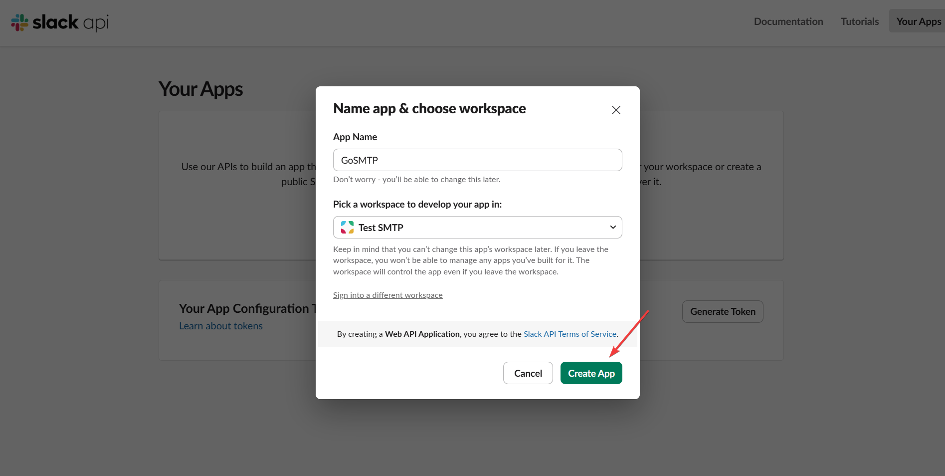 Slack Create App form