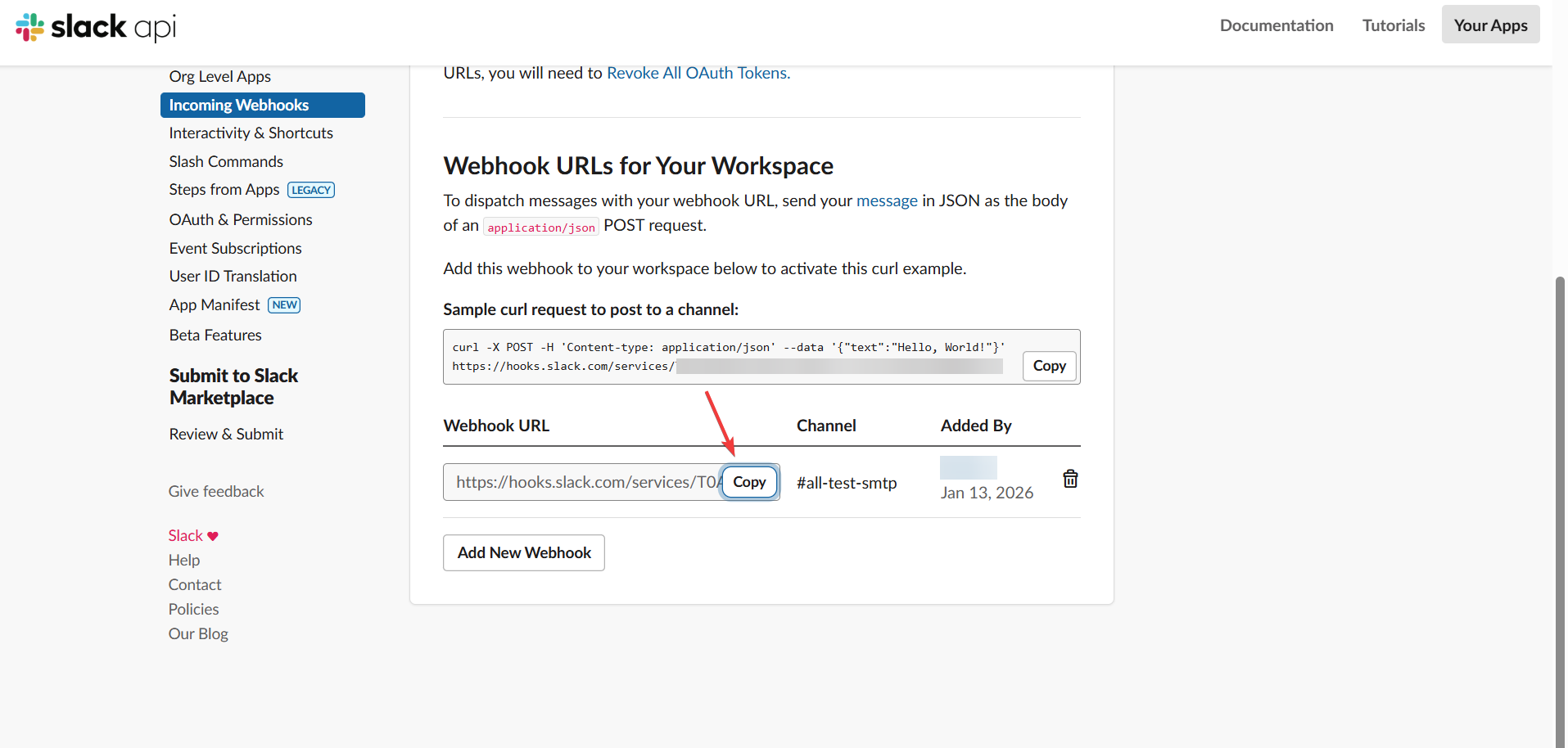 Slack App Webhook generated